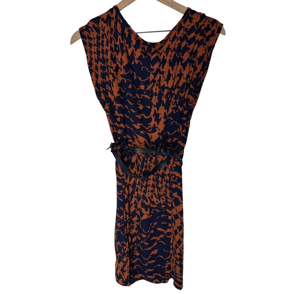 Mon Ami Medium Black Rust Abstract Pattern Print Cap Sleeve Belted Dress